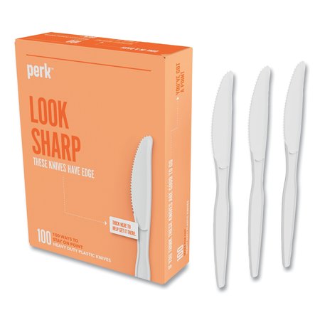 PERK Heavyweight Plastic Cutlery, Knives, White, PK100, 100PK PK56403